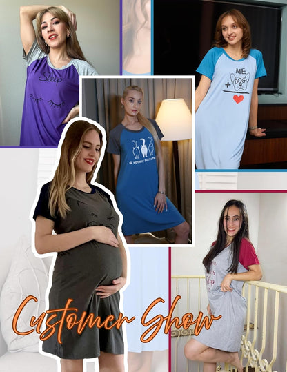 Womens Nightgowns Short Sleeve Nightshirts Printed Sleepwear Soft Sleep Shirts S-3XL